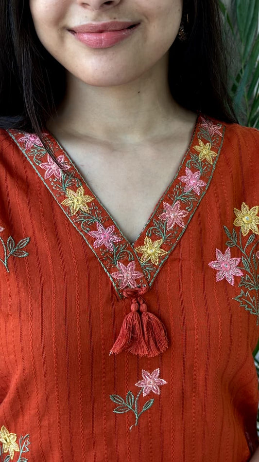 Elegant Rust Orange Cotton Kurta Set with Floral Embroidery & Dupatta