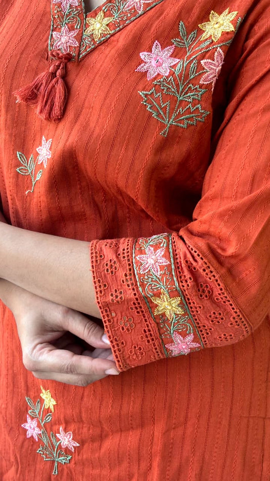 Elegant Rust Orange Cotton Kurta Set with Floral Embroidery & Dupatta