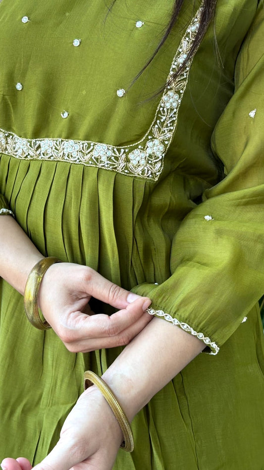 Olive Green Mirror Work Kurta Set with Dupatta