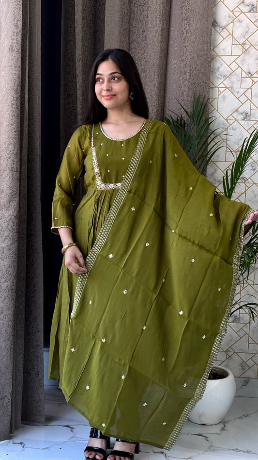 Olive Green Mirror Work Kurta Set with Dupatta