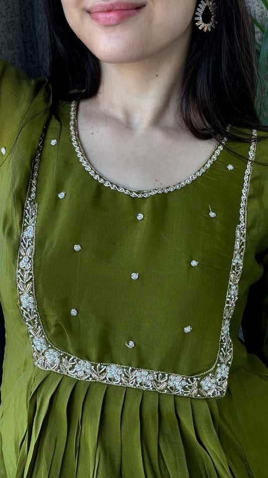 Olive Green Mirror Work Kurta Set with Dupatta