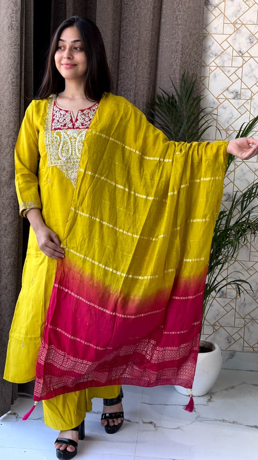 Mustard Yellow Kurta Set with Pink Ombre Dupatta
