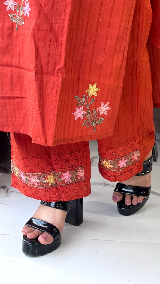 Elegant Rust Orange Cotton Kurta Set with Floral Embroidery & Dupatta