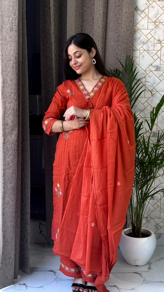 Elegant Rust Orange Cotton Kurta Set with Floral Embroidery & Dupatta