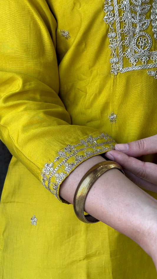 Mustard Yellow Kurta Set with Pink Ombre Dupatta