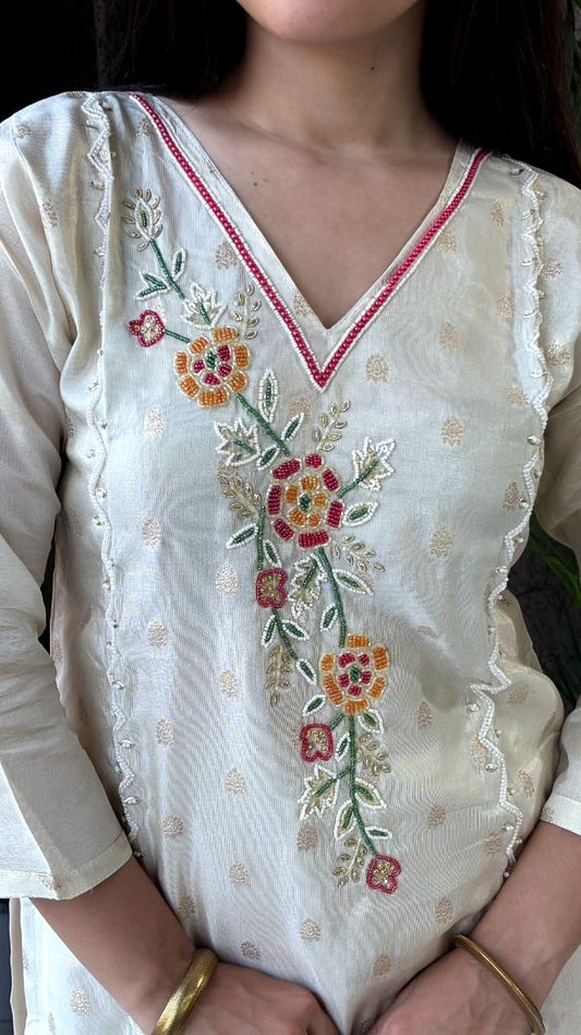 Ivory White Embroidered Kurta Set with Dupatta