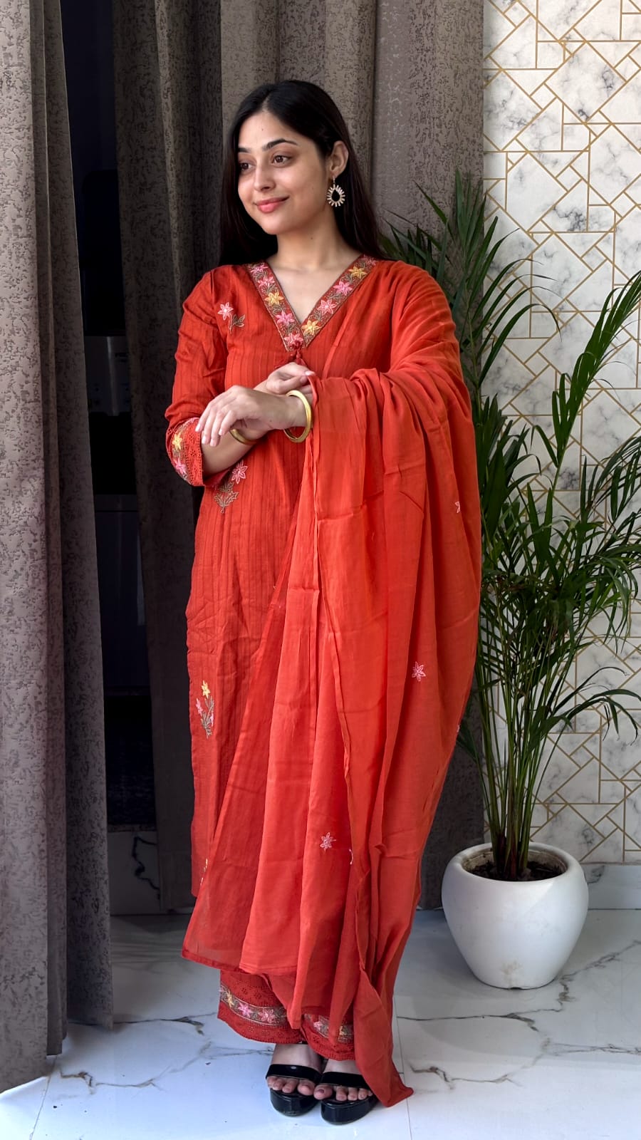 Elegant Rust Orange Cotton Kurta Set with Floral Embroidery & Dupatta