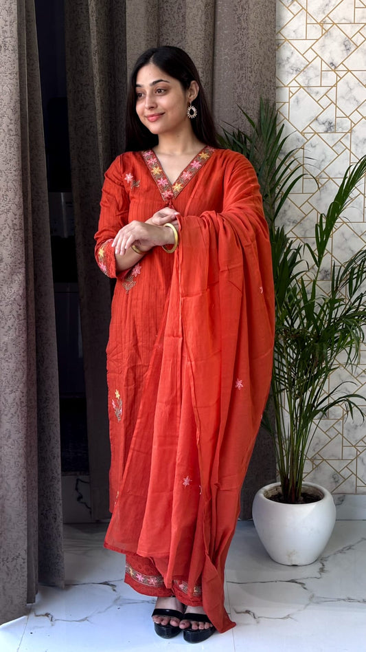 Elegant Rust Orange Cotton Kurta Set with Floral Embroidery & Dupatta