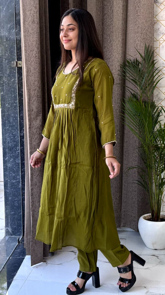 Olive Green Mirror Work Kurta Set with Dupatta
