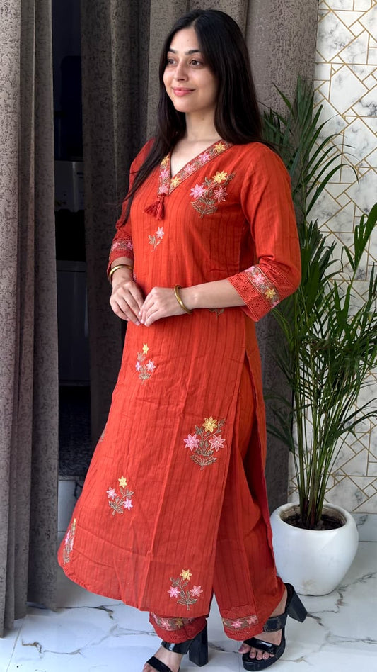Elegant Rust Orange Cotton Kurta Set with Floral Embroidery & Dupatta