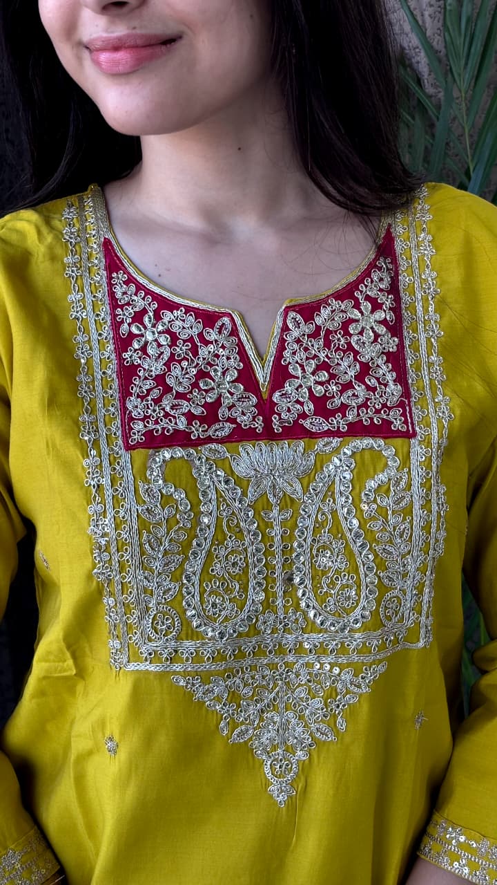 Mustard Yellow Kurta Set with Pink Ombre Dupatta