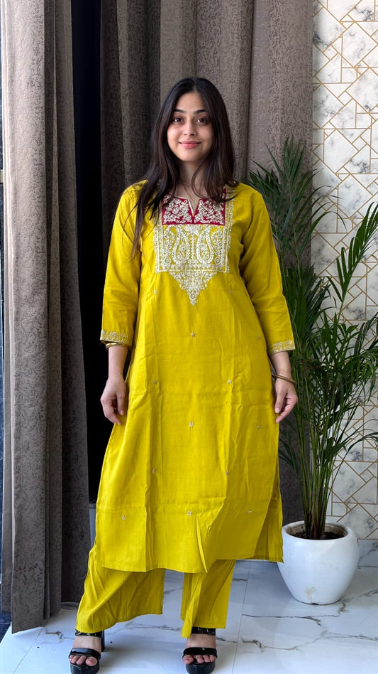 Mustard Yellow Kurta Set with Pink Ombre Dupatta