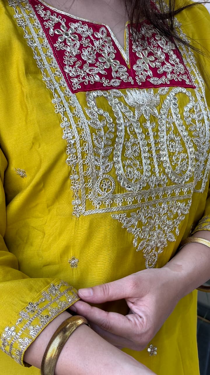 Mustard Yellow Kurta Set with Pink Ombre Dupatta