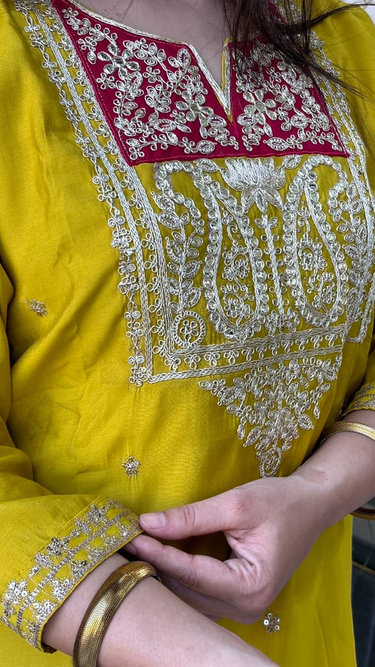 Mustard Yellow Kurta Set with Pink Ombre Dupatta