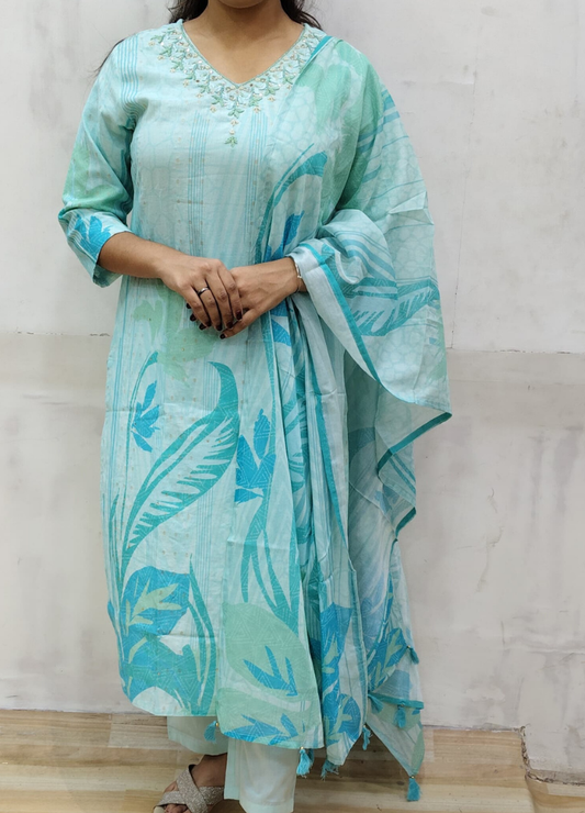 Aqua Blue Leaf Print Cotton Kurta Set with Dupatta