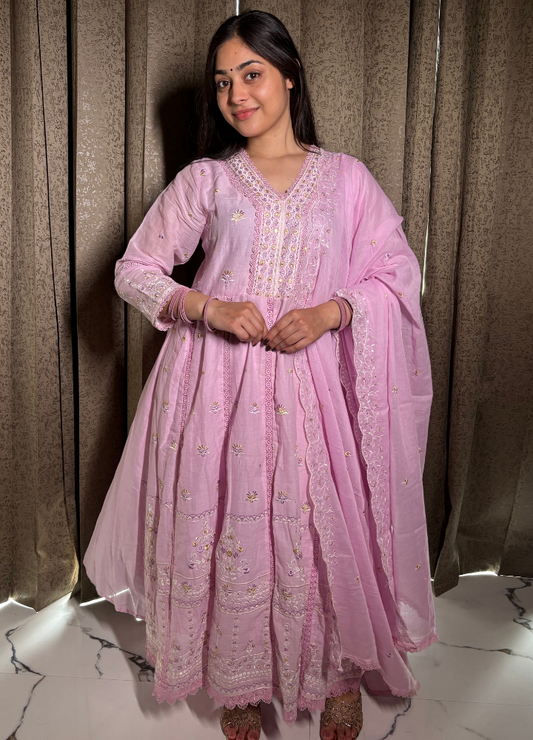 Baby Pink Heavy Embroidered Anarkali Set with Dupatta | Anziva Fashion