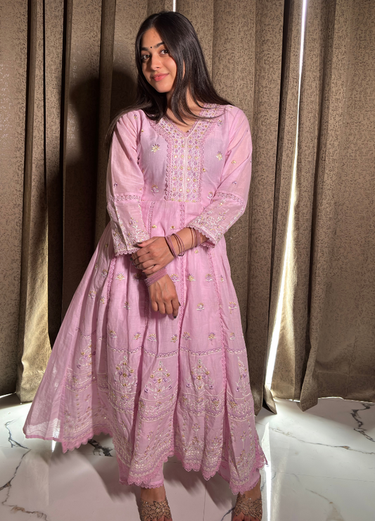 Baby Pink Heavy Embroidered Anarkali Set with Dupatta | Anziva Fashion