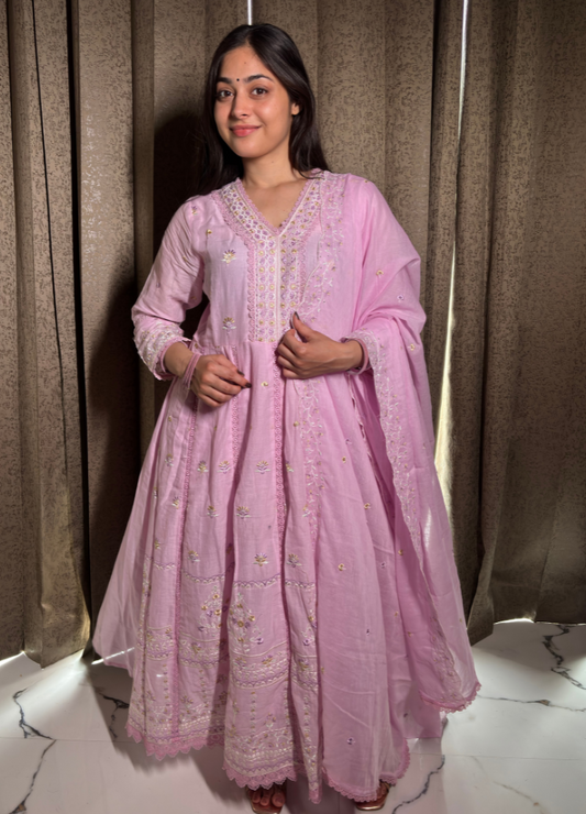 Baby Pink Heavy Embroidered Anarkali Set with Dupatta | Anziva Fashion