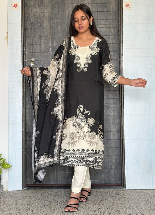 Black & Cream Embroidered Muslin Silk Kurta Set for Women