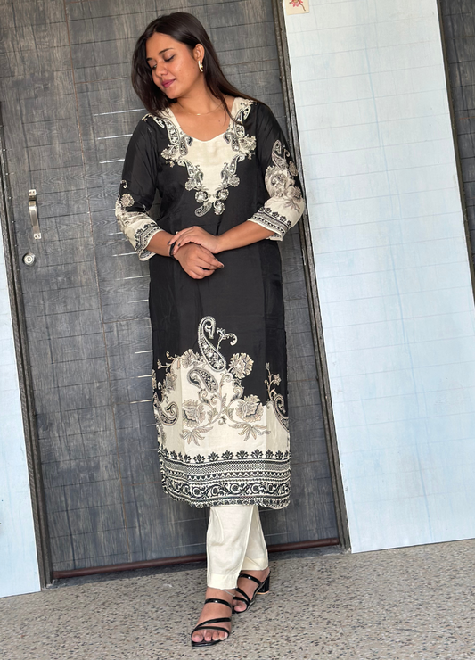 Black & Cream Embroidered Muslin Silk Kurta Set for Women
