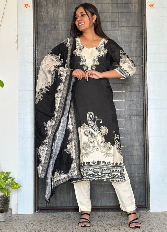 Black & Cream Embroidered Muslin Silk Kurta Set for Women
