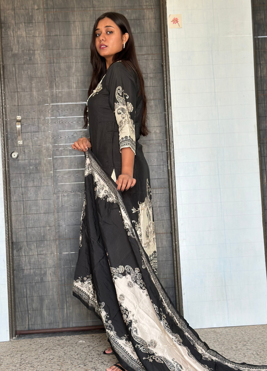Black & Cream Embroidered Muslin Silk Kurta Set for Women