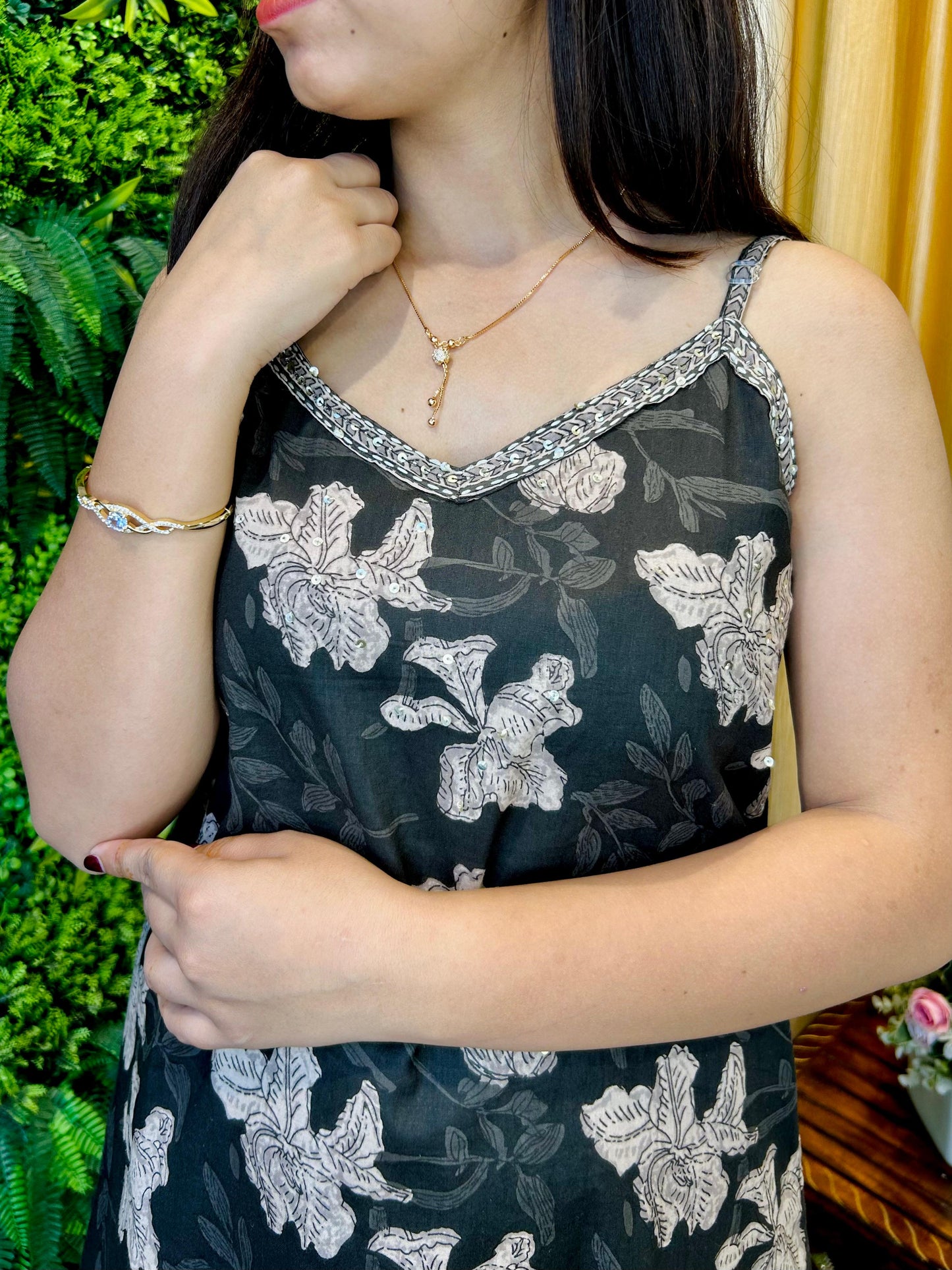 Black & Silver Floral Spaghetti-Strap Suit