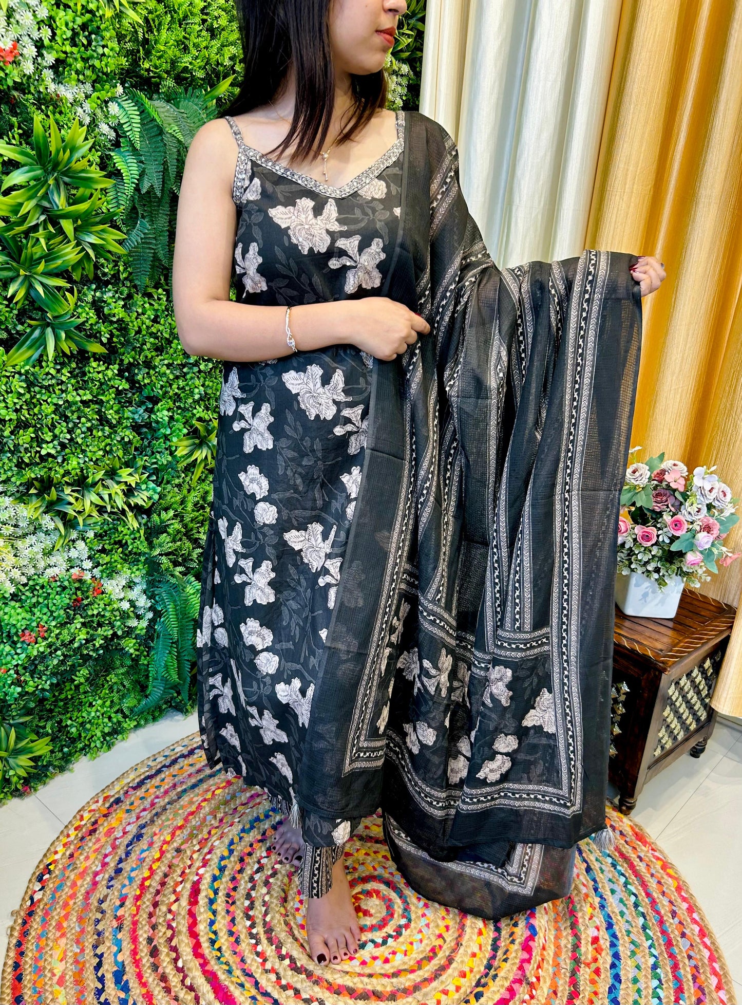 Black & Silver Floral Spaghetti-Strap Suit