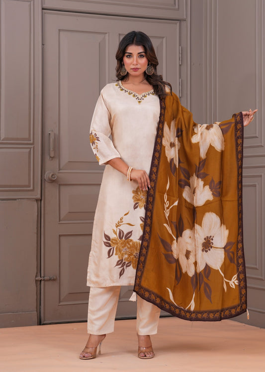 Cream & Mustard Floral Printed Straight Kurta Set