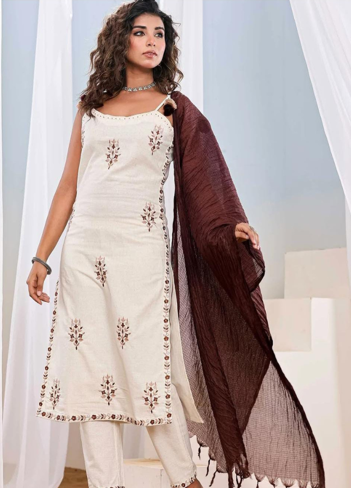 Elegant off-white 3-piece strappy kurta set with maroon dupatta from Anziva Fashion.