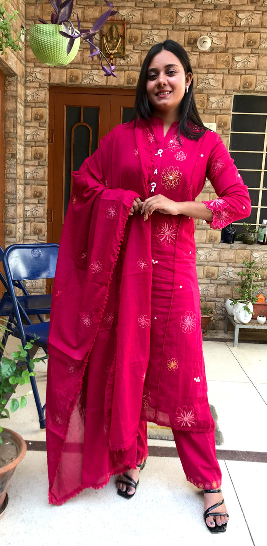 Fuchsia Floral Thread-Work Kurta