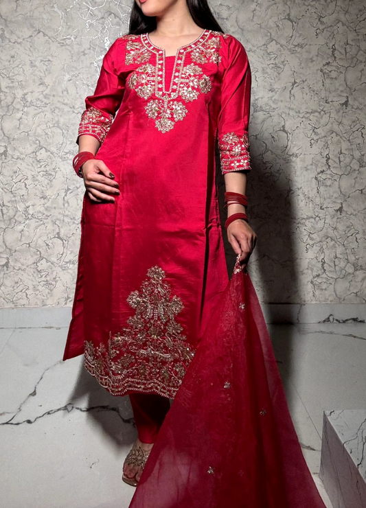 Hot Pink Embroidered Festive Suit Set with Net Dupatta | Anziva Fashion
