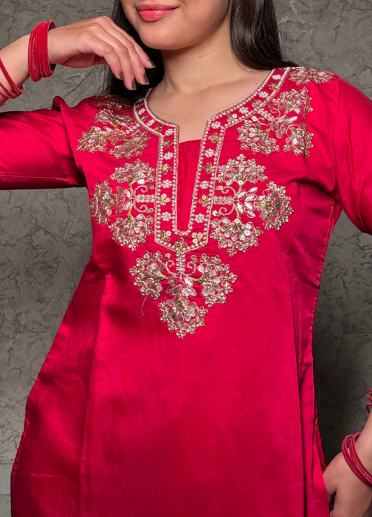 Hot Pink Embroidered Festive Suit Set with Net Dupatta | Anziva Fashion