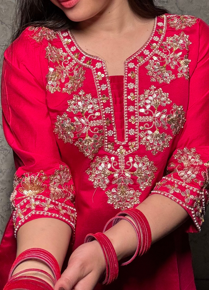 Hot Pink Embroidered Festive Suit Set with Net Dupatta | Anziva Fashion