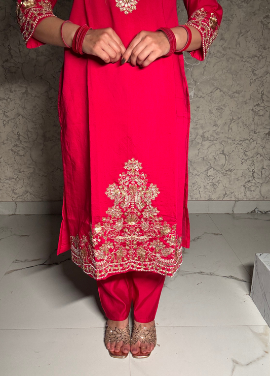 Hot Pink Embroidered Festive Suit Set with Net Dupatta | Anziva Fashion