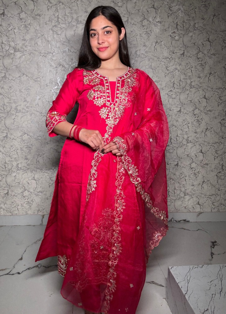 Hot Pink Embroidered Festive Suit Set with Net Dupatta | Anziva Fashion