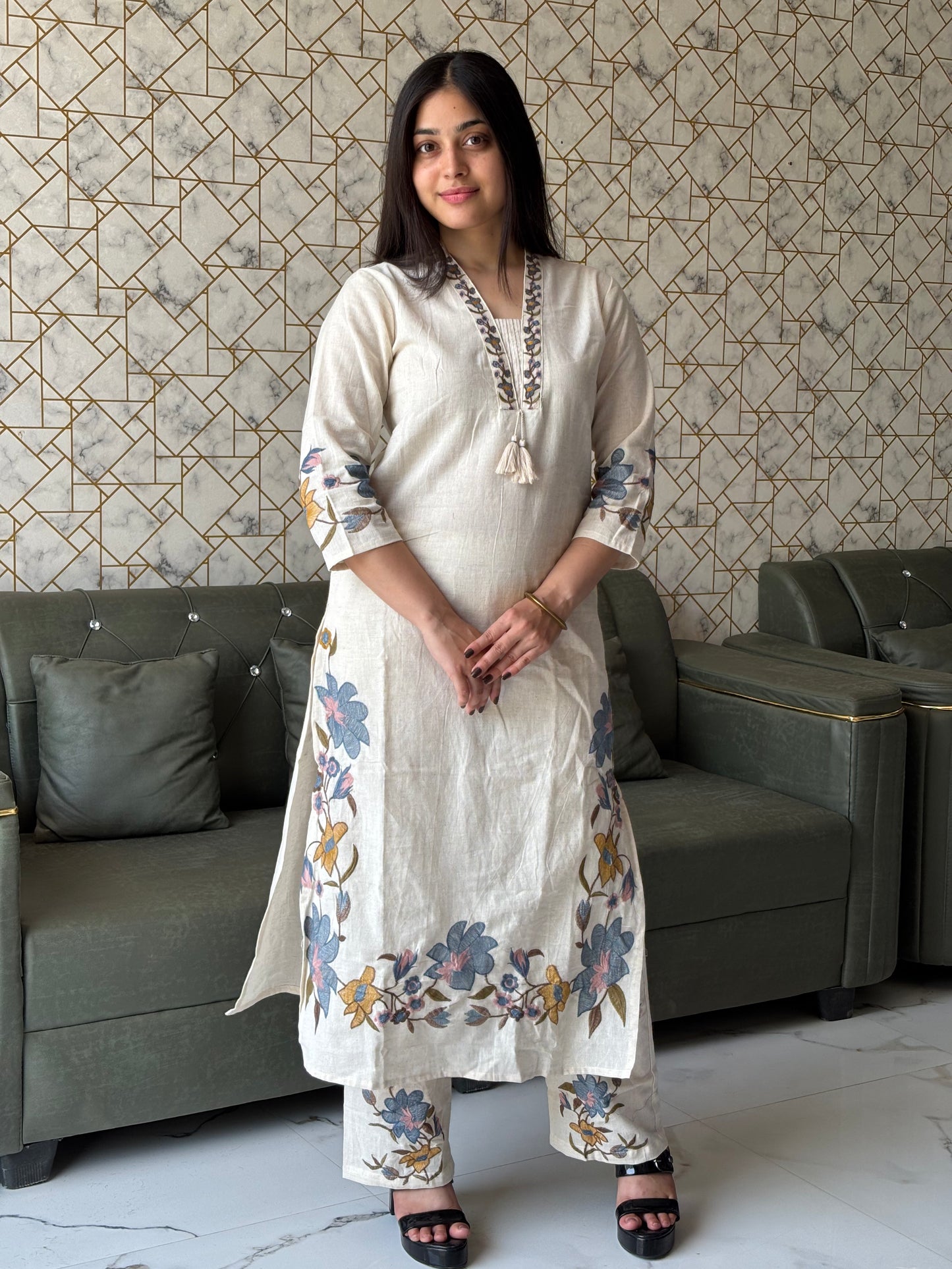 Ivory Kurta Set with Floral Dupatta
