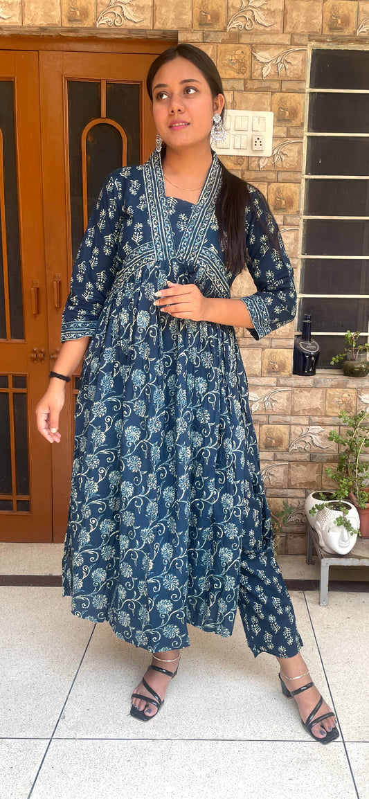 Indigo Hand-Block Print Anarkali with Striped Dupatta