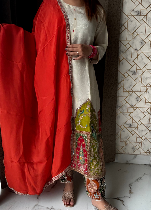 Ivory Multicolor Peacock Embroidered Suit