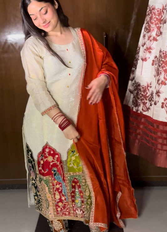 Ivory Multicolor Peacock Embroidered Suit