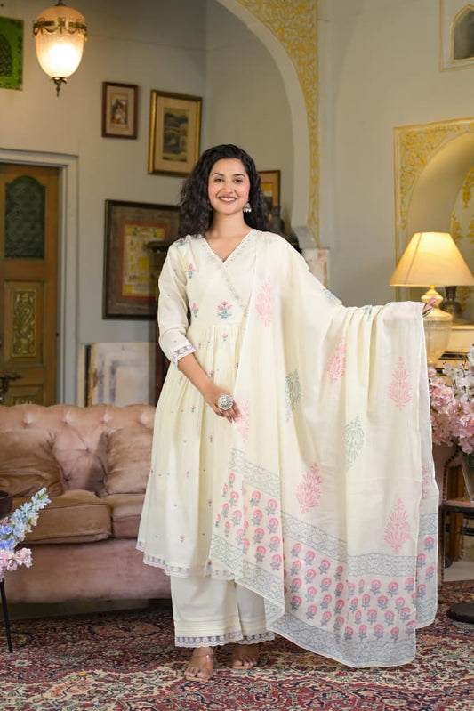 Ivory Pastel Block‑Print Pure Cotton Anarkali Suit
