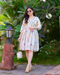 Ivory Striped Floral Embroidered Midi Dress