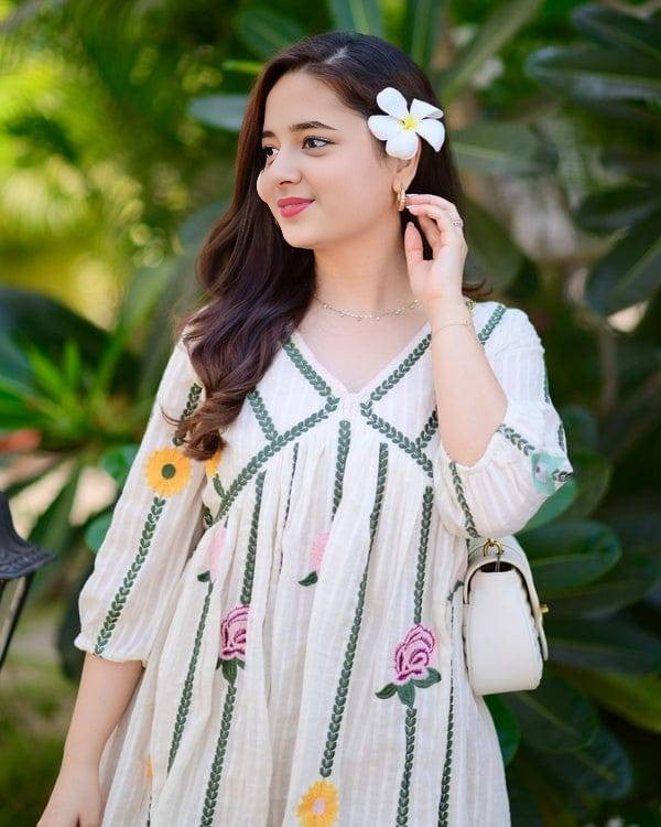 Ivory Striped Floral Embroidered Midi Dress