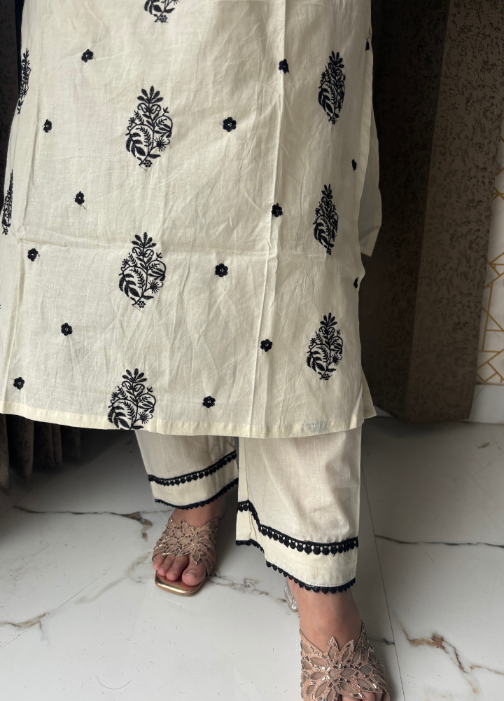 Ivory & Black Embroidered Cotton Suit Set with Dupatta | Anziva Fashion
