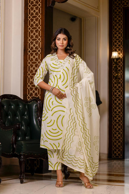 Ivory & Olive Abstract Wave Print Suit Set