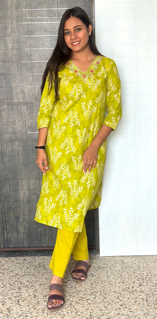 Lime Green Floral Print Kurta