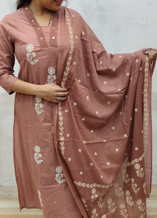 Mauve Brown Embroidered Cotton Suit Set with Mirror Work