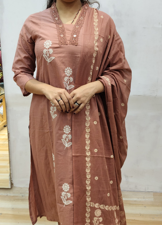 Mauve Brown Embroidered Cotton Suit Set with Mirror Work