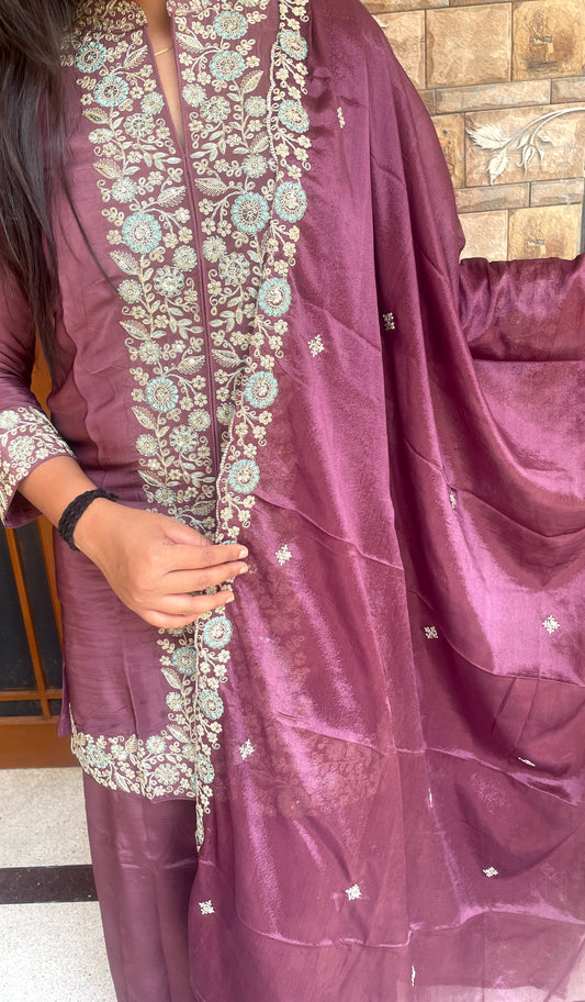 Mauve Silk Embroidered Kurta & Palazzo Ensemble