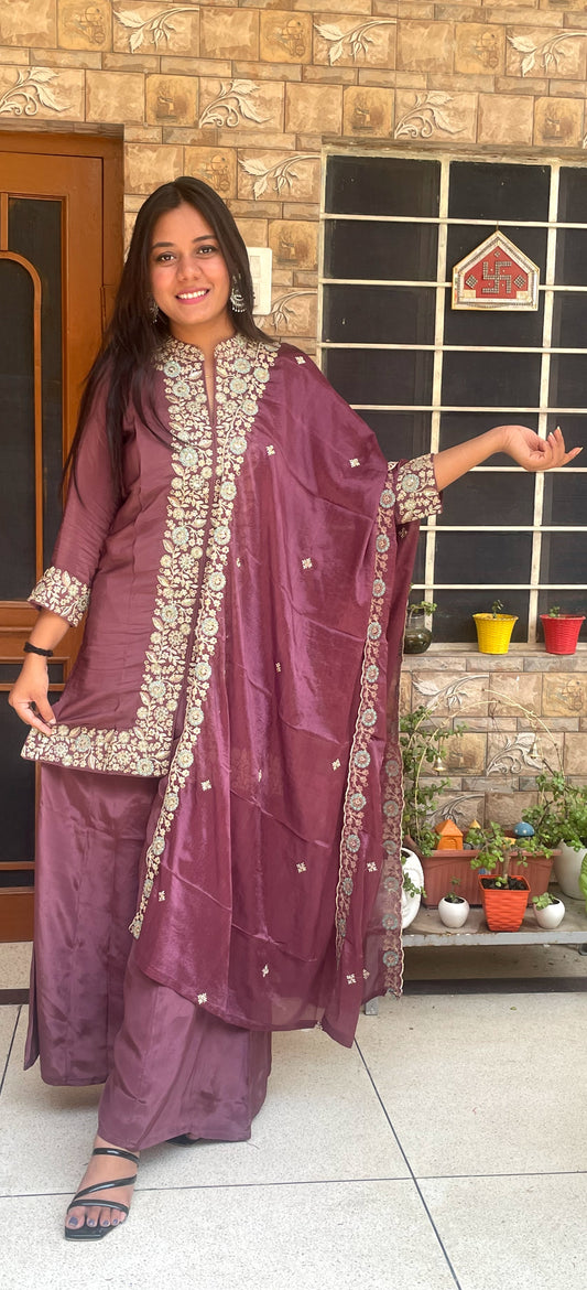 Mauve Silk Embroidered Kurta & Palazzo Ensemble